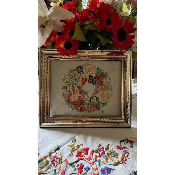 Vintage Handmade Butterfly Wreath Cross Stitch Gold Framed Wall/Stand Decor - Picture 3 of 9